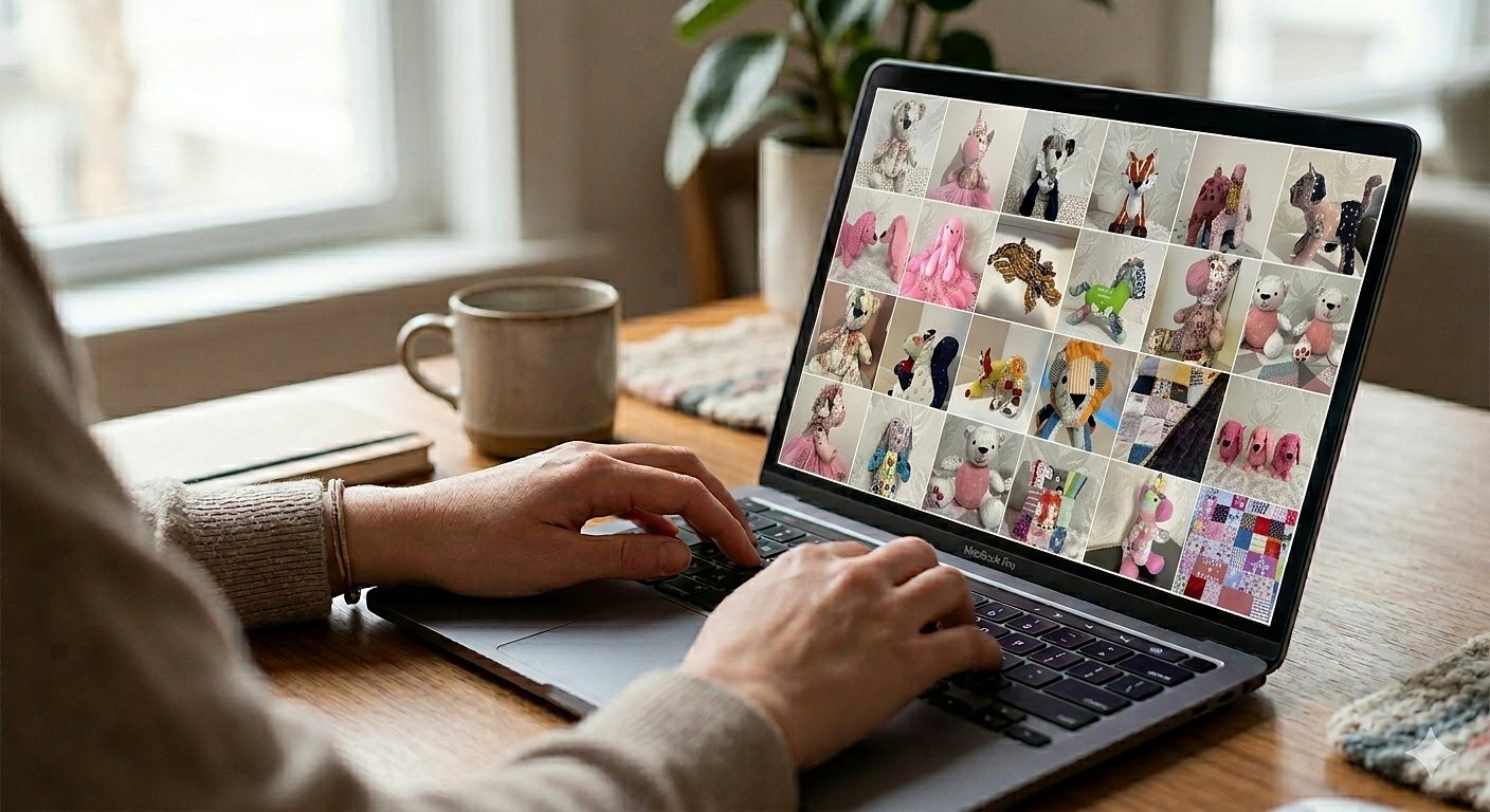 A collage of handmade memory soft toys made from baby clothes, shown on a laptop screen by Kids Memo Cuddle